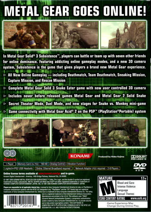 Jaquette arrière : Metal Gear Solid 3 : Subsistence [US]