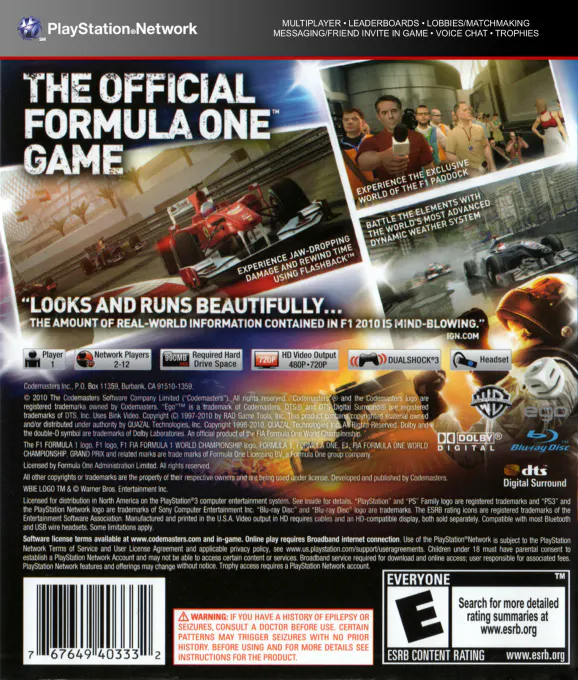 Jaquette arrière : F1 2010 [EU]
