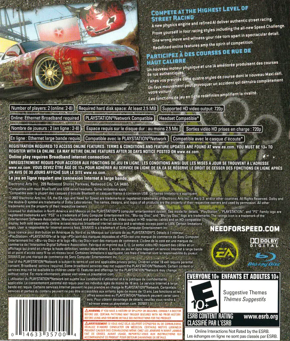 Jaquette arrière : Need For Speed Prostreet
